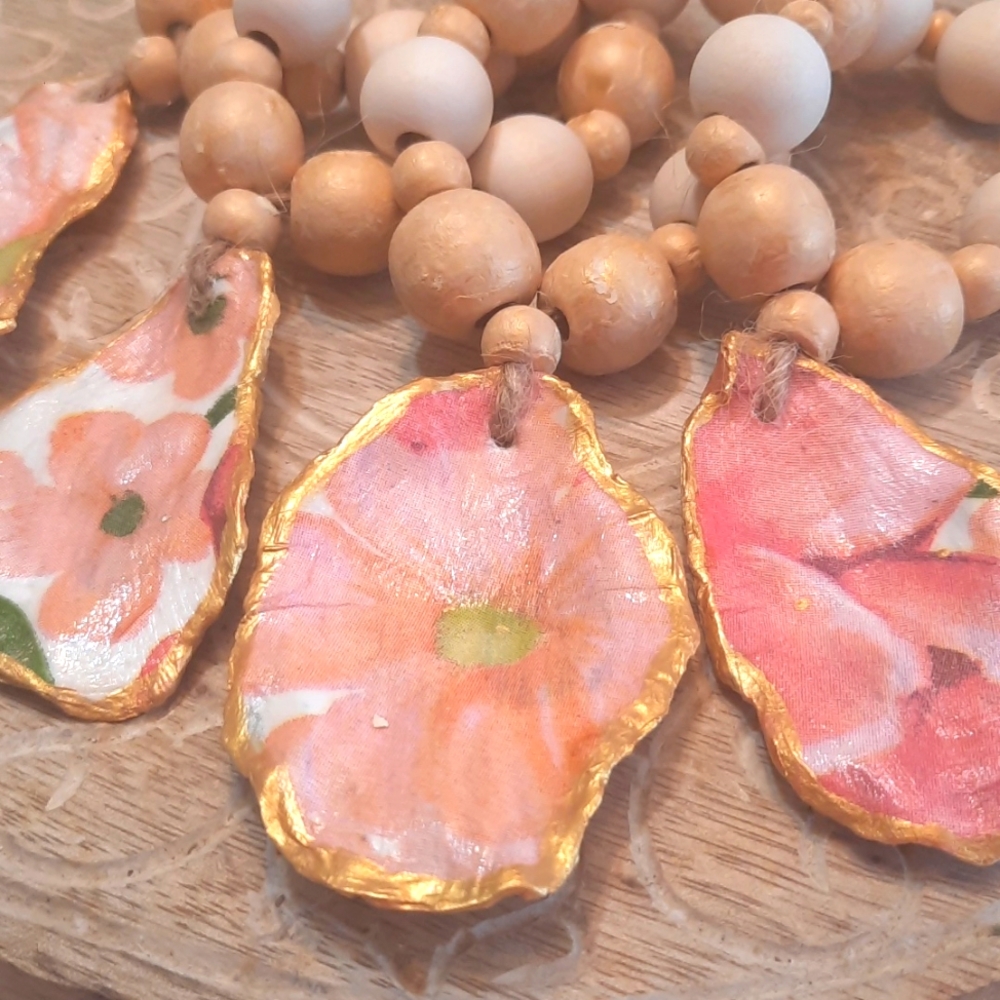 Pink & Gold Decoupage Oyster Shell Beaded Accents - Set Of 4 - Coastal Decor